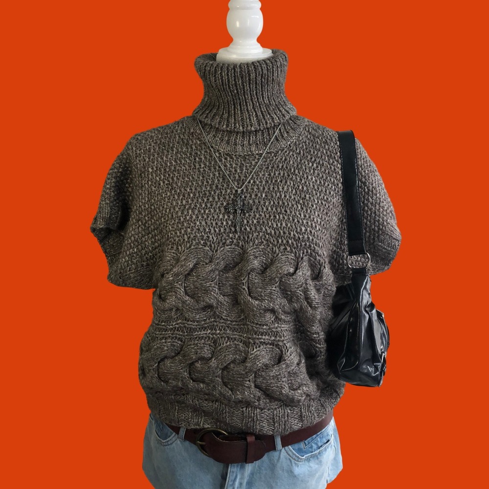 Massimo Dutti Silk Alpaca Cable Knit Short Sleeve Turtleneck Sweater Womens S